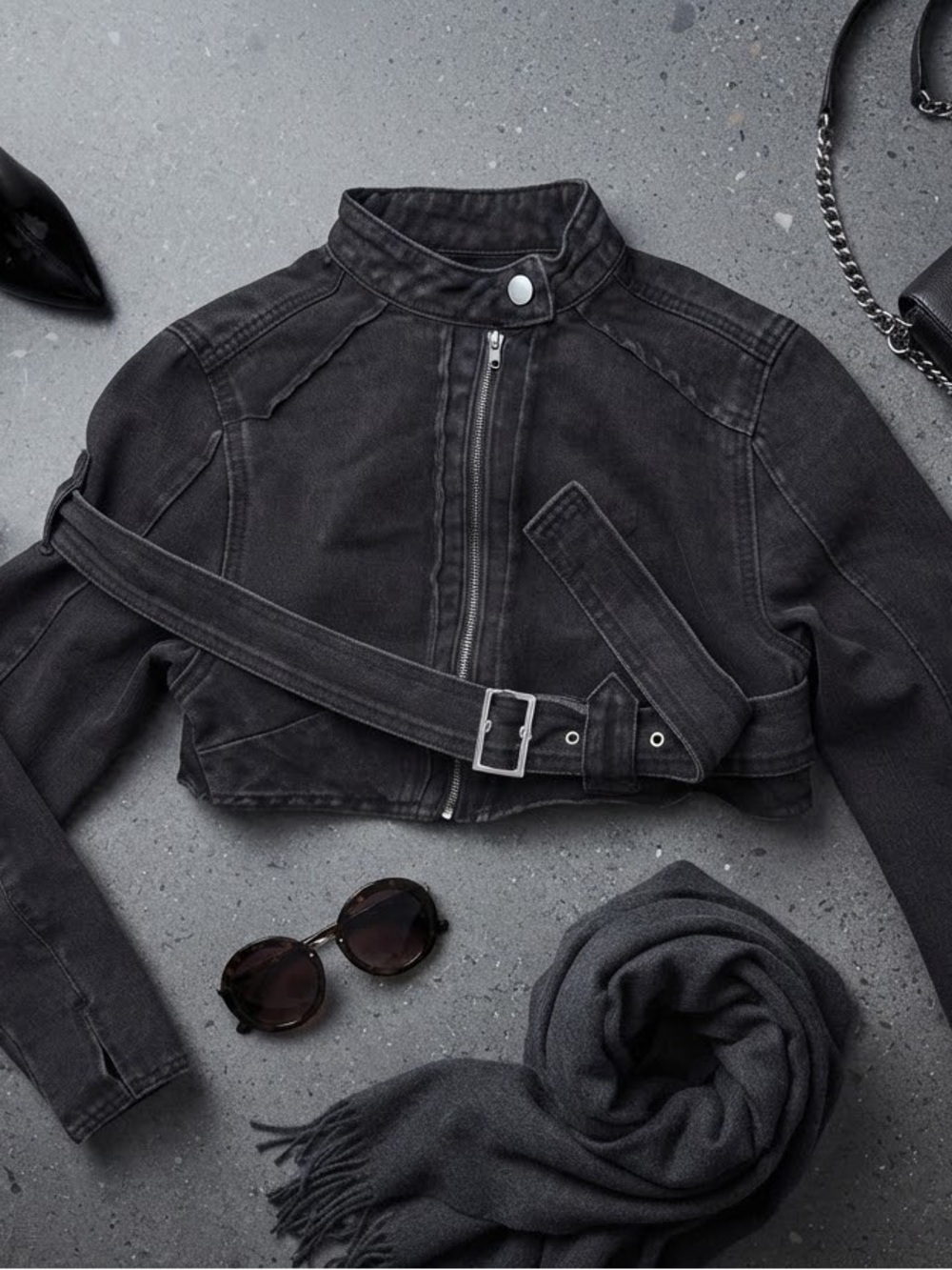 SHEIN Black Cropped Belted Denim Jacket